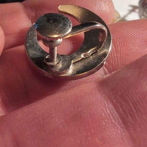 Silver Toned Crescent Clip on Earrings with Engraved Flower Outlined in Black - Picture 4 of 7